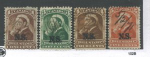 Nova Scotia QV overprinted Bill Stamps 1, 3, 4, and 5 cents used