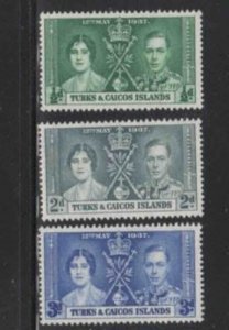 TURKS & CAICOS ISLANDS #75-77 1937 CORONATION ISSUE MINT VF LH O.G