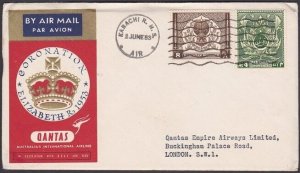 PAKISTAN 1953 Qantas Coronation flight cover Kararchi to London.............X524