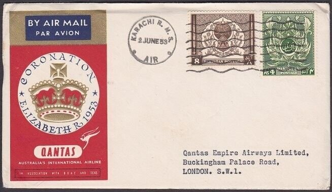 PAKISTAN 1953 Qantas Coronation flight cover Kararchi to London.............X524