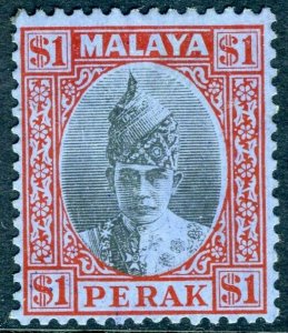 MALAYA PERAK-1940 $1 Black & Red/Blue.  A lightly mounted mint example Sg 119