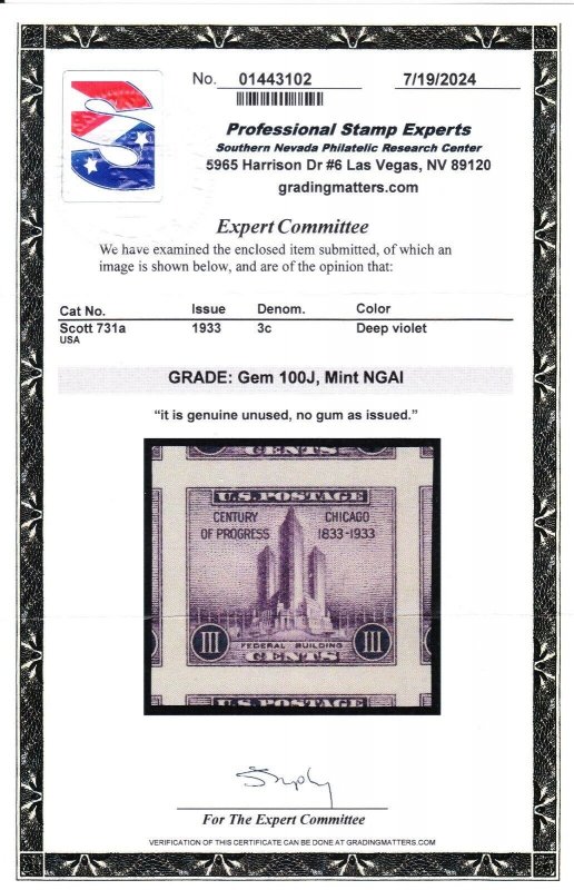MOstamps - US #731a Mint NGAI Graded 100J with PSE Cert - Lot # MO-5303 SMQ $45+