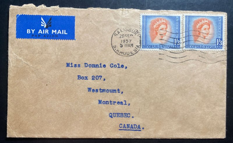 1957 Salisbury S Rhodesia & Nyasaland Airmail cover To Montreal Canada