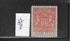 RHODESIA SCOTT #8 1890-94 COAT OF ARMS 8P (ROSE/BLACK) - MINT LIGHT HINGED