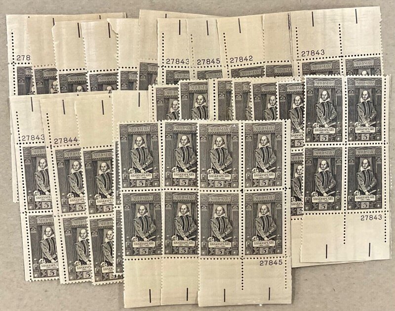 1250 William Shakespeare Author  25 MNH 5 cent plate blocks   Issued In 1964