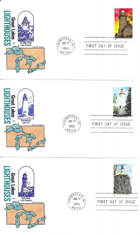 1995 FDC, #2969-2973, 32c Great Lakes Lighthouses, House of Farnam (5)