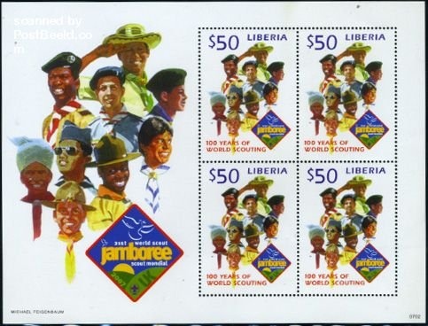 Liberia 2007, 100 Years scouting m/s (with 4 stamps), MNH