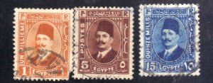 EGYPT SC# 128, 135, 139 USED  1,5,15m 1927-37