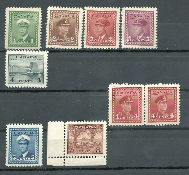 Canada #249, 250, 251, 252, 254 (Pair), 255, 256  Mint NH VF 1942-43     PD