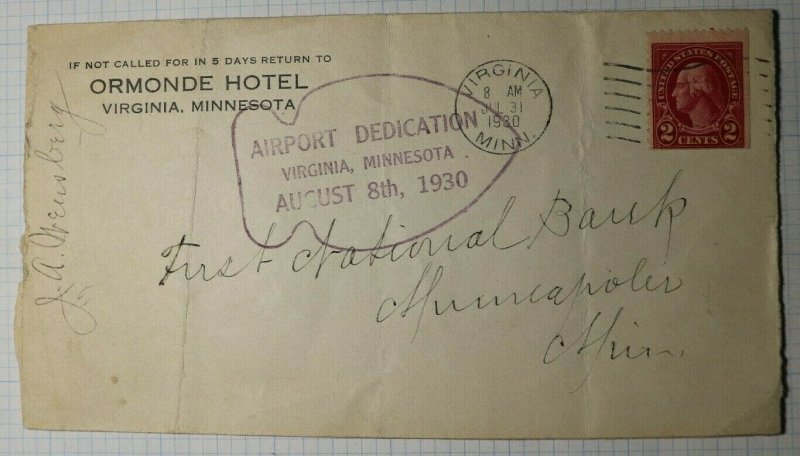 US Airport Dedication Virginia MN 1930 Used Cover Sc# 634d Booklet Single Signed