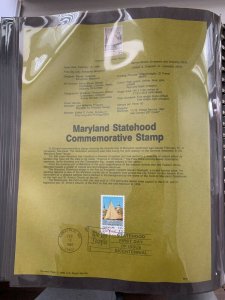 USPS Souvenir Page Scott  1988 Maryland statehood stamps