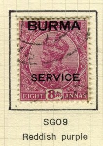 BURMA; 1937 early GV Optd. issue fine used Shade of 8a. value