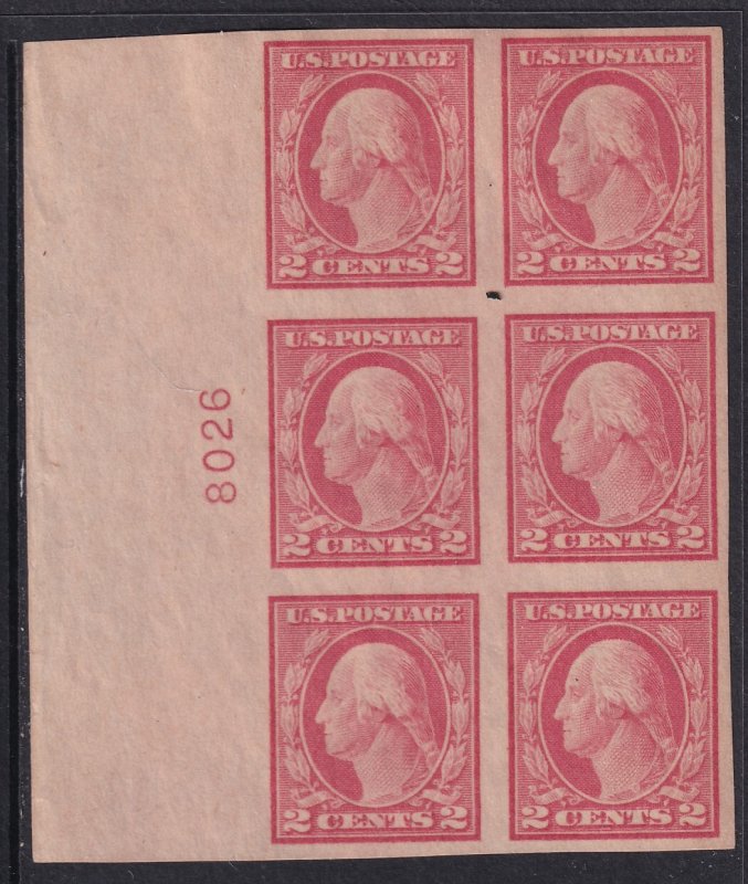 U.S Sc# 482  Washington 2¢ 1916 8026 imperf plate block of six MLMH CV$30 Stk #1