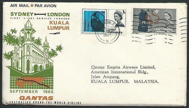 GB 1965 QANTAS first flight cover London to K.L. Malaysia. Lister phos set.38926