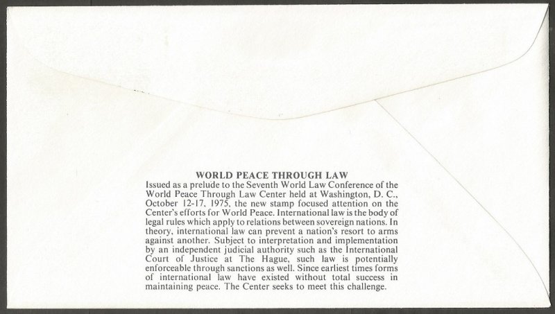 US FDC.1975 WORLD PEACE THROUGH LAW 10C STAMP. 7TH WORLD LAW CONFERENCE WA.