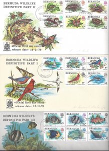 BERMUDA 1979 WILDLIFE BIRDS FISH BUTTERFLIES COMPLETE SET ON 3 OFFICIAL FDCs Sc