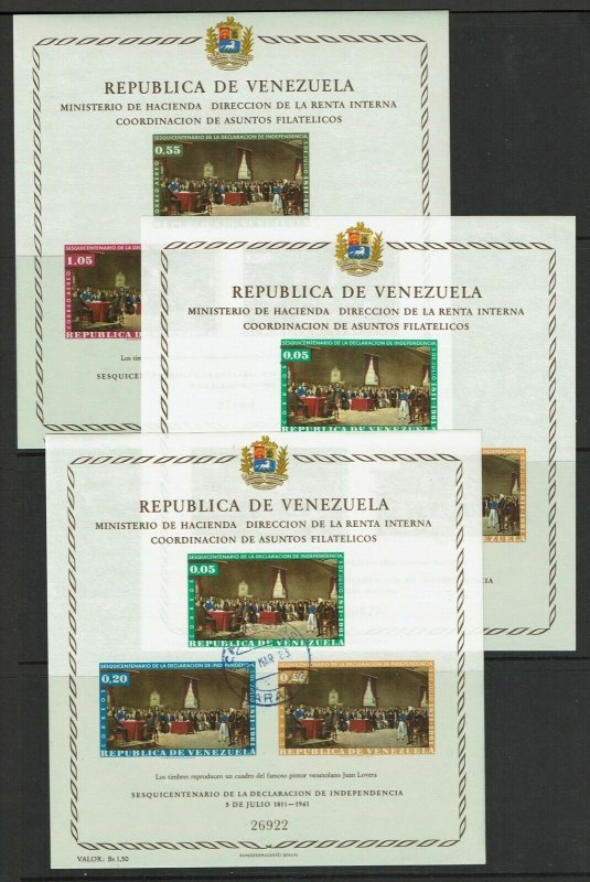 Venezuela 3 Souvenir Sheets, Never Hinged & cancelled, few minor creases - M471