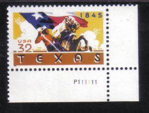 2968 - .32 Texas Statehood mnh vf. Plate # single