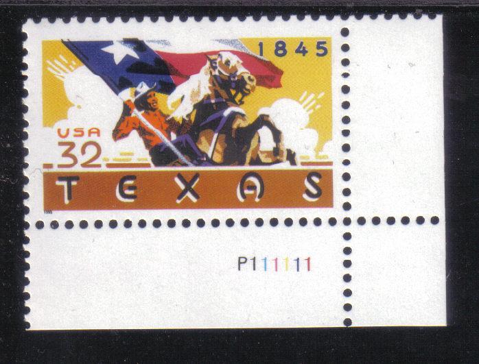 2968 - .32 Texas Statehood mnh vf. Plate # single