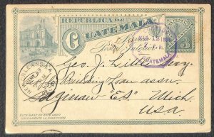 GUATEMALA H&G #3 POSTAL CARD GUATEMALA VIA NEW ORLEANS TO SAGINAW MICHIGAN 1896