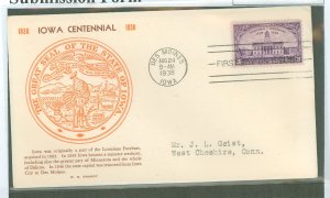 US 838 1938 3c Iowa Territory Centenary on an addressed (typed) FDC with a Grandy cachet