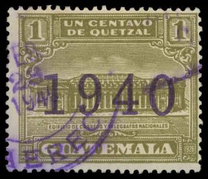 GUATEMALA Sc RA13 F-VF/USED - 1940 1c ol grn -G.P.O. & Telegraph Building w/ovpt