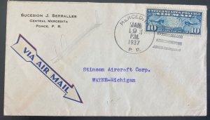 1937 Mercedita Puerto Rico Commercial Airmail Cover To Wayne MI Usa