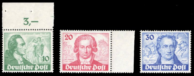 Germany - Berlin #9N61-63 Cat$240, 1949 Goethe, set of three, n.h., 10pf with...