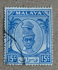 Malaya Perak 1950 15c Sultan Shah, used. Scott 112, CV $0.50. SG 138