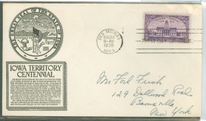 US 838 1938 3c Iowa Territory Centennial on an addressed FDC with an Anderson cachet (black)