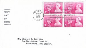 1948 FDC, #977, 3c Moina Michael, unlisted general purpose, block of 4