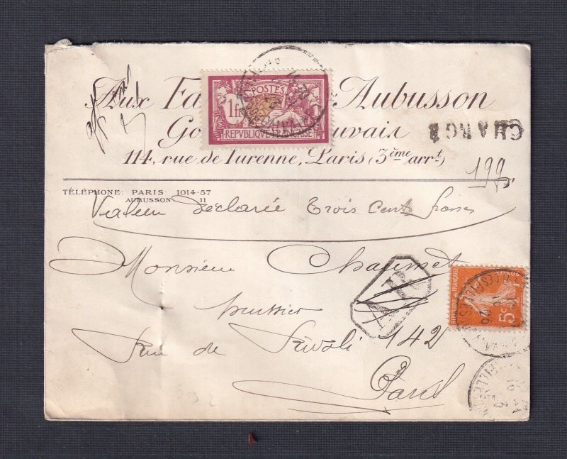 FRANCE 1923 5C & 1FR MERSON ISSUE ON AVIS DE RECEPTION’ & ‘CHARGE’ COVER PARIS