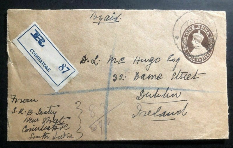 1939 Coimbatore India Stationary Registered Cover To Dublin Ireland