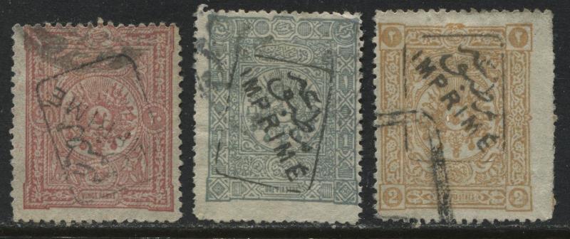 Turkey 1892 Newspaper stamps  20 paras, 1 & 2 pi, overprinted in black used (JD)