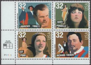 1997 Opera Singers Plate Block Of 4 32c Postage Stamps, Sc# 3154-3157, MNH, OG