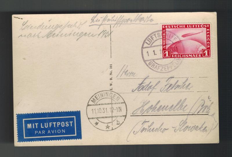 1931 Meiningen Germany Graf Zeppelin Real Picture Postcard Cover to Bohemia