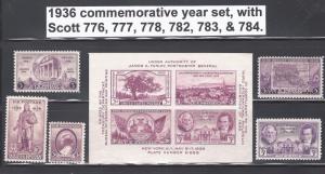 U.S. 1936 Commemorative Year Set  # 776 ~ 784  6 MNH Stamps 