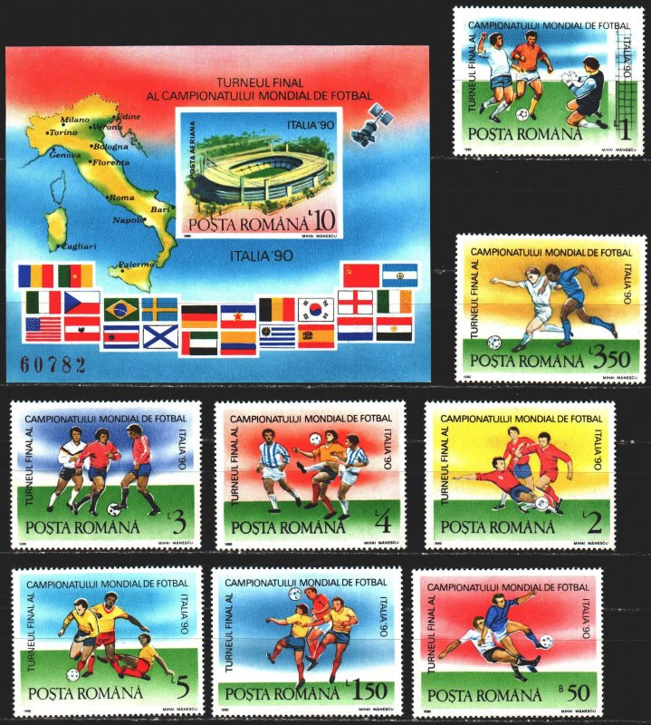 Romania. 1990. 4594-4601, bl262. Football, World Cup in Italy. MNH.