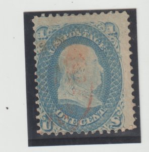 US Scott #63  USED  Red Fancy Cancel  1 cent Franklin Issue  -  CV $45.