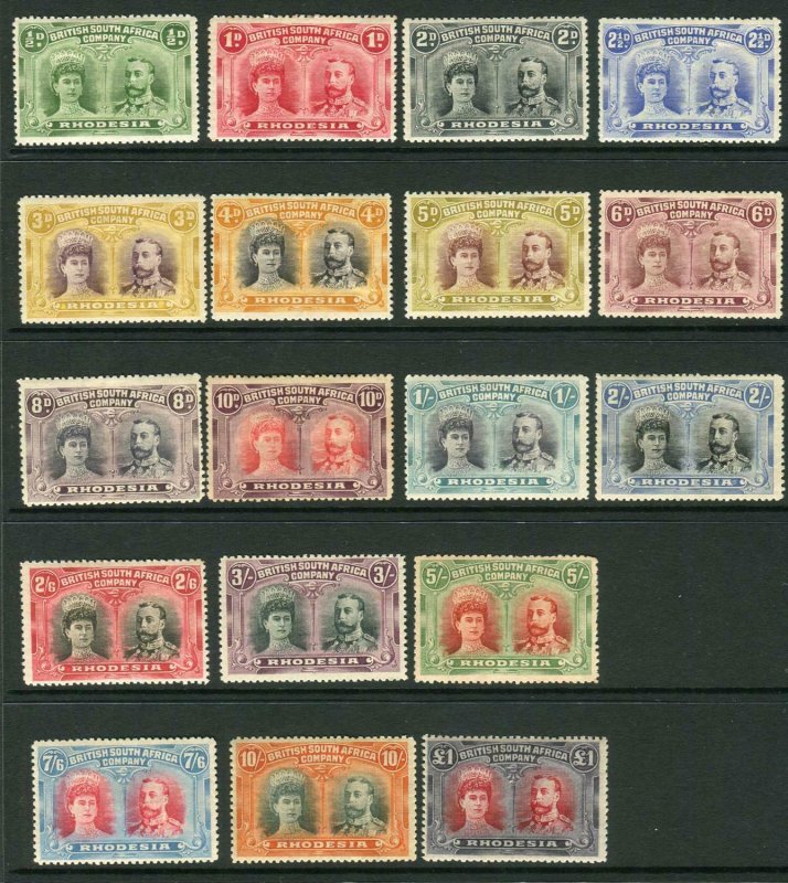 RHODESIA-1910-13 ½d to £1 Perf 14  A mounted mint set of 18 Sg 119-165