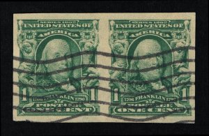 EXCEPTIONAL GENUINE SCOTT #314 F-VF POSTALLY USED 1906 IMPERFORATE PAIR FRANKLIN