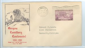 US 783 1936 3c Oregon Territory Centennial (single) on an addressed (typed) FDC with a Walla Walla, WA cancel and an unknown cac