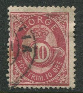 Norway - Scott 25 - Post Horn & Crown - 1877 - Used- Single 10s Stamp