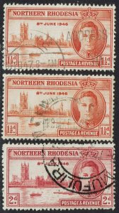 NORTHERN RHODESIA 1946 KGVI VICTORY SET WITH BOTH 1½D PERFS USED