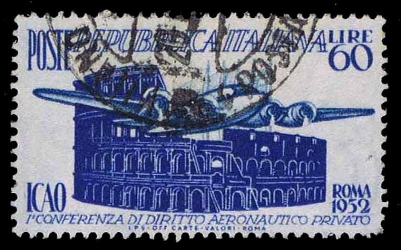 1952 ITALY #611 COLOSSEUM & PLANE - USED - VF - CV$12.00 (E#1261)