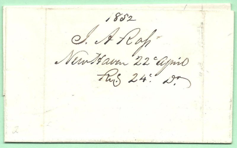 4/23/1852 cover New Haven CT CDS 3 PAID JA Rass City Hotel CP Leverich NY Bow