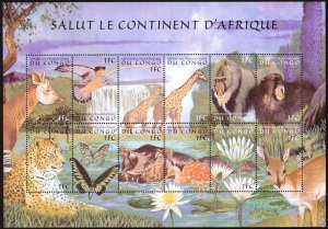 Congo 2000 Fauna Animals Birds Butterflies Giraffes Monkeys Sheet MNH