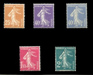 France, 1900-1950 #169/184 (YT 235-239) Cat€59, 1927-31 Type Semeuse, set o...