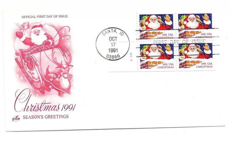 2581b (2581) Christmas 1991, Santa & Chimney, ArtCraft, pane of 4 FDC