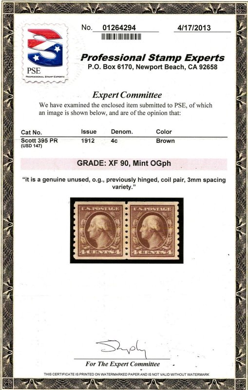 U.S. Scott 395 XF Unused Original Gum Pair w/Grade 90 PSE Cert.